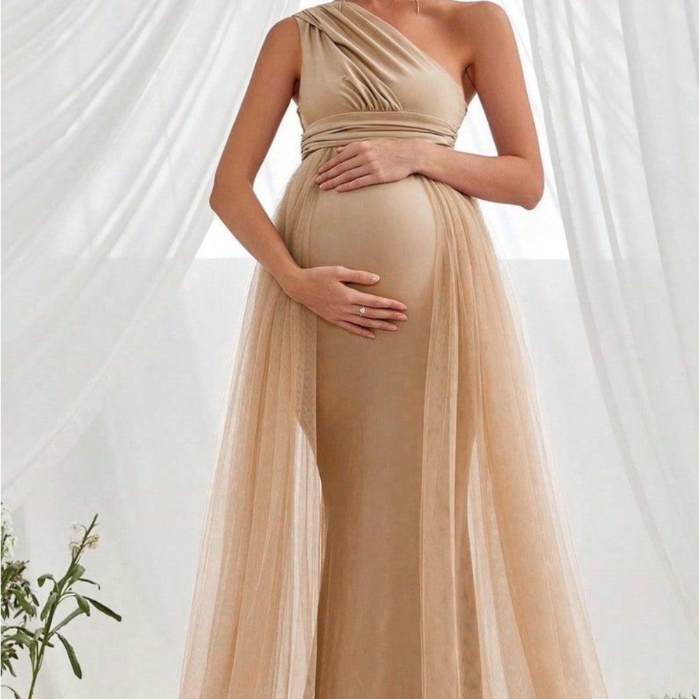Elegant Tan One-Shoulder Maternity Dress